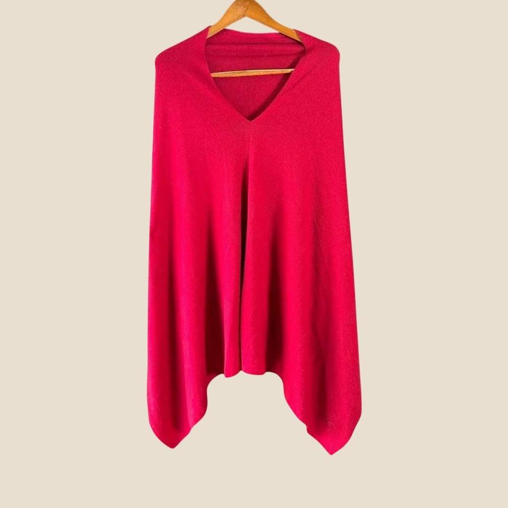 Handmade Cashmere V-Neck Poncho Wrap Berry Red One Size Soft Warm Sweater Shawl
